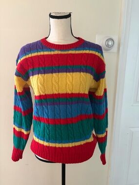 Vintage Ralph Lauren Multicolor Rainbow Cable Knit Stripe Sweater - Women